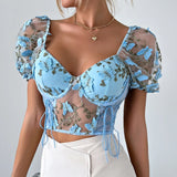 Boho Spring Floral V-Neck Crop Top - Puff Sleeve, Mesh Patchwork for Women