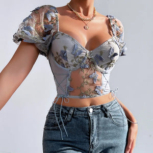 Boho Spring Floral V-Neck Crop Top - Puff Sleeve, Mesh Patchwork for Women