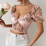 Boho Spring Floral V-Neck Crop Top - Puff Sleeve, Mesh Patchwork for Women