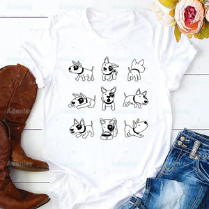 Bull Terrier Group Ladies T-Shirt - Cute Pet Dog Logo, Funny Casual O-Collar White Short Sleeve Tee