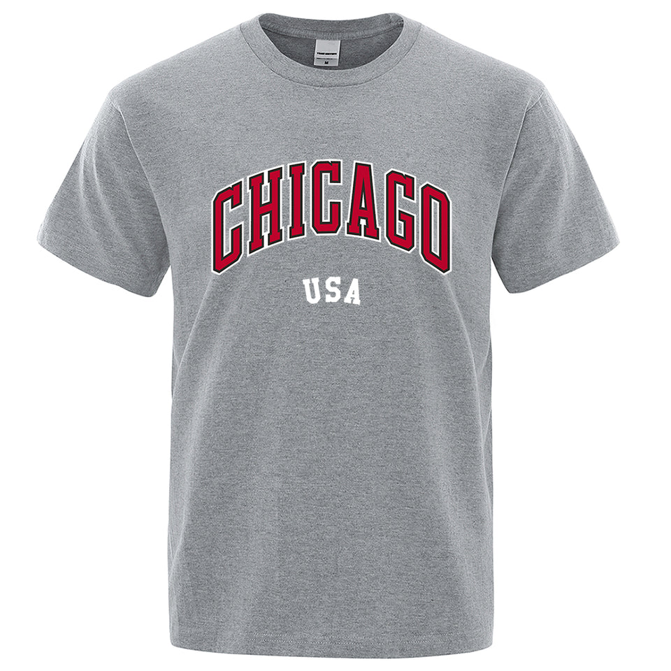 Chicago USA City Letter Print T-Shirt - Unisex Loose Cotton O-Neck Oversized Top