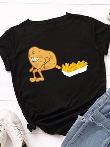 Funny Potato Fries Print T-Shirt - Short Sleeve Loose Fit