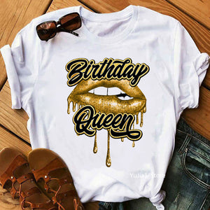 Birthday Queen Graphic Print Women's T-Shirt - Sexy Glitter Lips Design. Summer Fashion Tops for Females