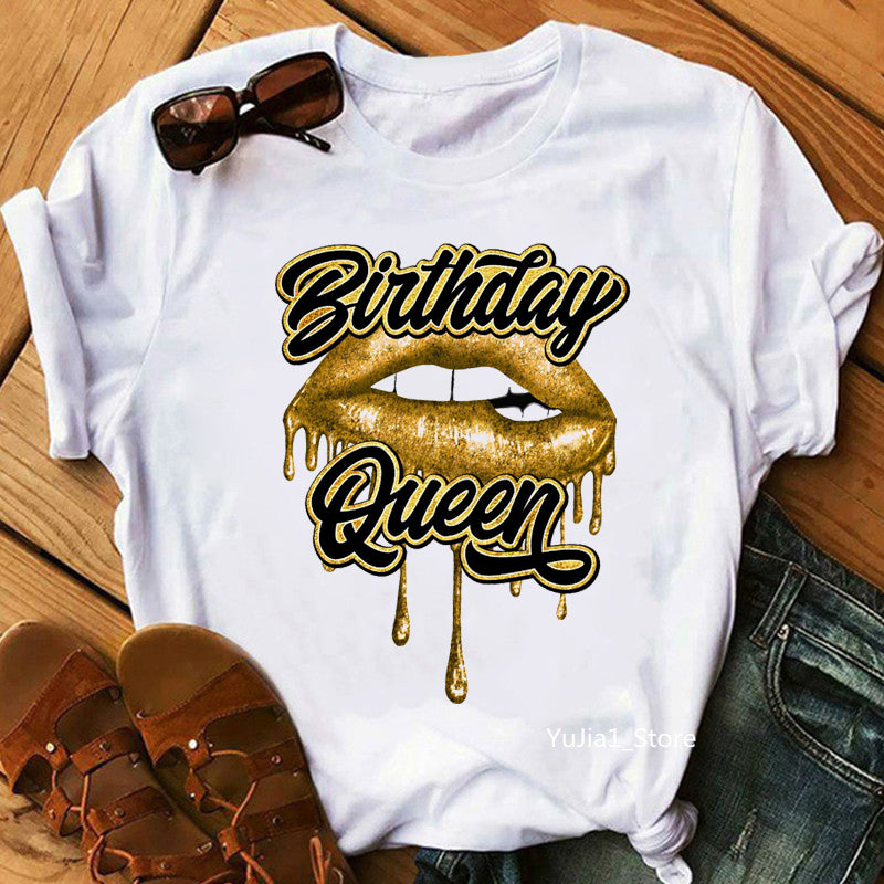 Birthday Queen Graphic Print Women's T-Shirt - Sexy Glitter Lips Design. Summer Fashion Tops for Females