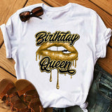Birthday Queen Graphic Print Women's T-Shirt - Sexy Glitter Lips Design. Summer Fashion Tops for Females