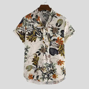 Men's Hawaiian Shirt - Short Sleeve, Stand Collar. Casual Vacation Streetwear in Cotton.