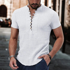 Men's Short Sleeve V-Neck Button Shirt - Cotton Linen Casual Top