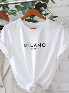 Milano Italy Letter Print T-Shirt - Casual Crew Neck for Spring & Summer Women's Wear