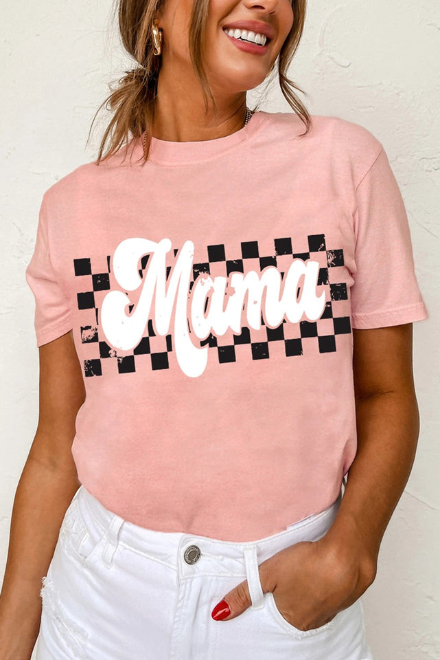 Pink Mama Checkered Graphic O Neck Casual T-Shirt