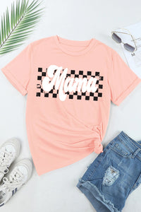 Pink Mama Checkered Graphic O Neck Casual T-Shirt