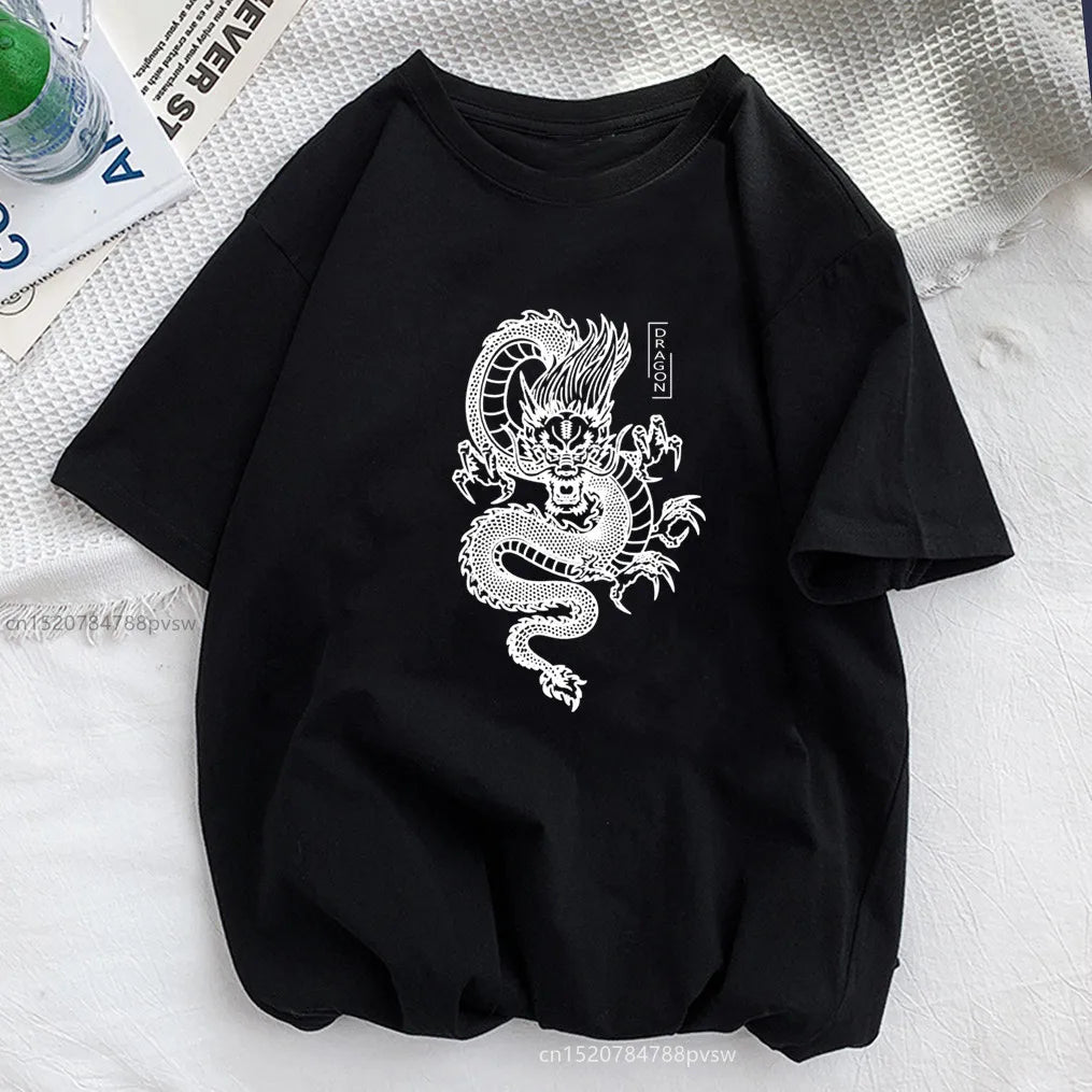 Dragon Funny Print T-Shirt - Unisex Casual Harajuku Y2K Black Tee