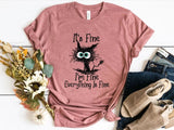 "It's Fine, I'm Fine, Everything Is Fine" Shirt - Funny Cat Tee, Positivity & Motivational Apparel, Perfect for Introverts and Mental Health Awareness.