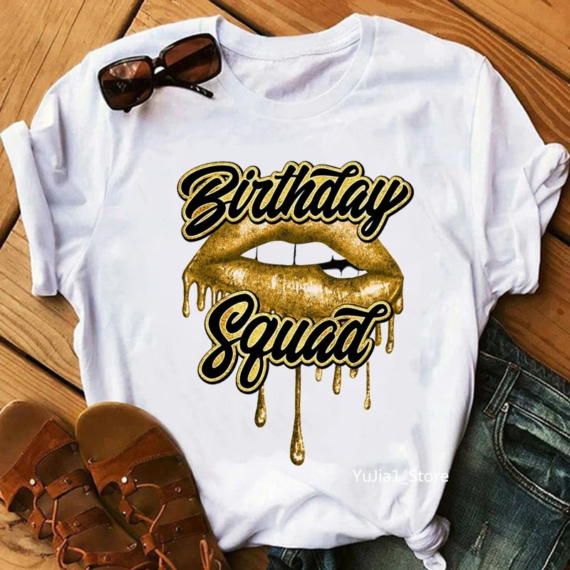 Birthday Queen Graphic Print Women's T-Shirt - Sexy Glitter Lips Design. Summer Fashion Tops for Females