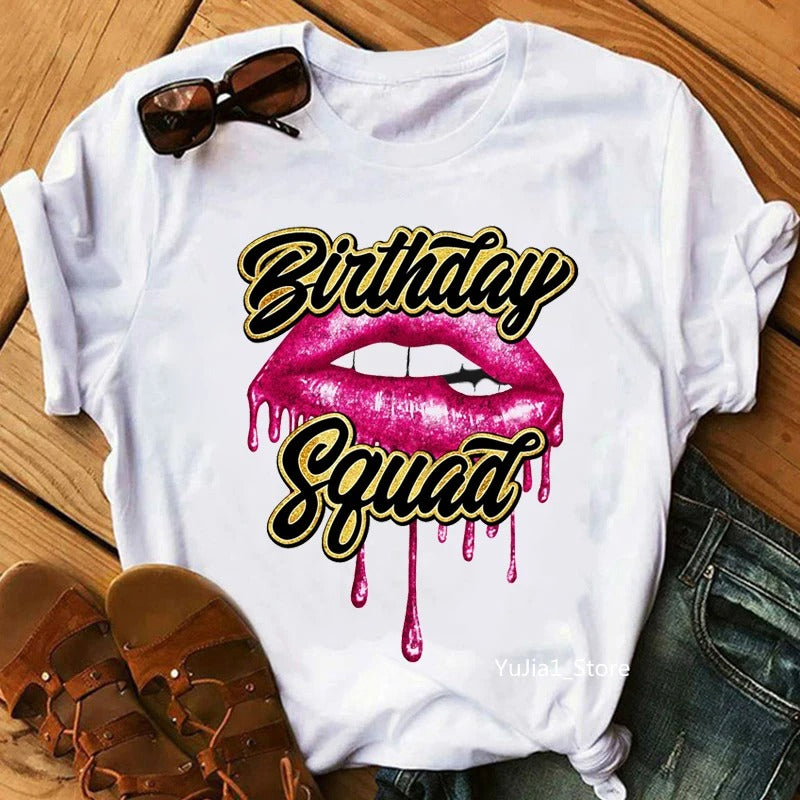 Birthday Queen Graphic Print Women's T-Shirt - Sexy Glitter Lips Design. Summer Fashion Tops for Females