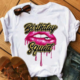 Birthday Queen Graphic Print Women's T-Shirt - Sexy Glitter Lips Design. Summer Fashion Tops for Females