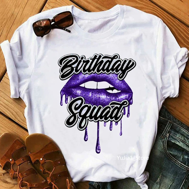 Birthday Queen Graphic Print Women's T-Shirt - Sexy Glitter Lips Design. Summer Fashion Tops for Females