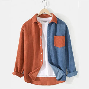 Casual Corduroy Patchwork Men's Shirt - Lapel, Long Sleeve, Button Down. Streetwear Luxury