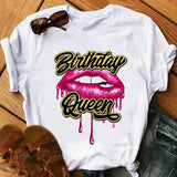 Birthday Queen Graphic Print Women's T-Shirt - Sexy Glitter Lips Design. Summer Fashion Tops for Females