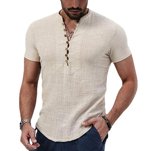 Men's Short Sleeve V-Neck Button Shirt - Cotton Linen Casual Top