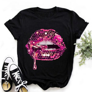 Black T-Shirt with Pink Glitter Lips Graphic Print - Luxurious Makeup Sexy Femme Tee for Women