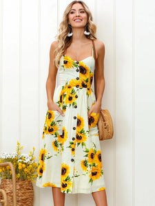 Women's Sunflower Dress: Strapless Midi, Button Backless Floral Sundress for Beach 2024