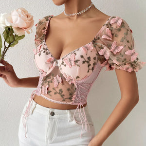 Boho Spring Floral V-Neck Crop Top - Puff Sleeve, Mesh Patchwork for Women