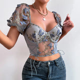 Boho Spring Floral V-Neck Crop Top - Puff Sleeve, Mesh Patchwork for Women