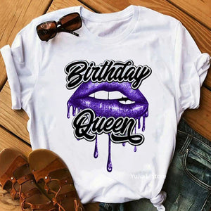 Birthday Queen Graphic Print Women's T-Shirt - Sexy Glitter Lips Design. Summer Fashion Tops for Females