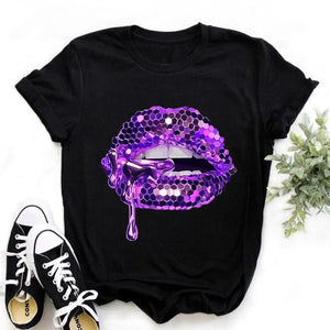 Black T-Shirt with Pink Glitter Lips Graphic Print - Luxurious Makeup Sexy Femme Tee for Women