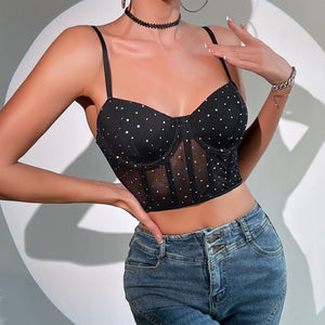 Sexy Rhinestone Camisole - Backless Cropped Mesh Top for Summer Blusas