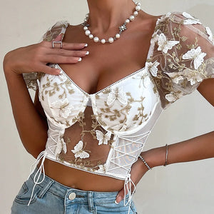 Boho Spring Floral V-Neck Crop Top - Puff Sleeve, Mesh Patchwork for Women