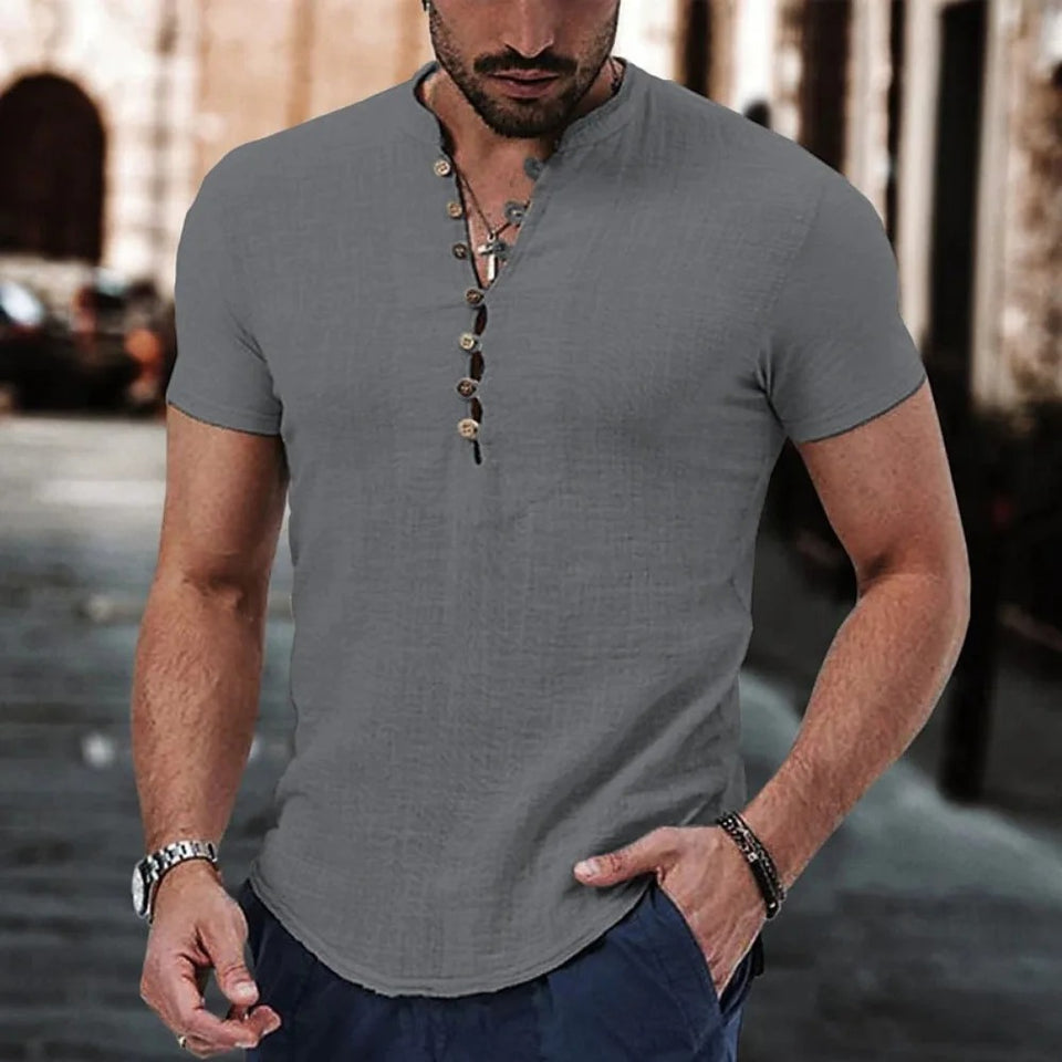 Men's Short Sleeve V-Neck Button Shirt - Cotton Linen Casual Top