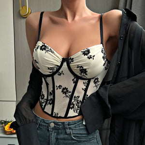 Embroidered Hollow Mesh Crop Top - Sexy Slim Fit with Spaghetti Straps. Lace Halter Camisole