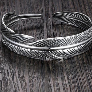 Feather Wide Cuff Bracelets - Vintage Thai Silver Jewelry for Women
