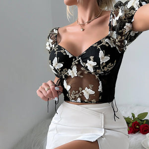 Boho Spring Floral V-Neck Crop Top - Puff Sleeve, Mesh Patchwork for Women