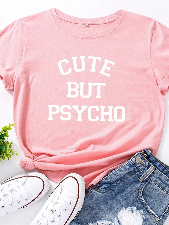 "Cute But Psycho" Letter Print Women's T-Shirt - Short Sleeve Loose Tee