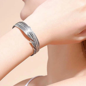 Feather Wide Cuff Bracelets - Vintage Thai Silver Jewelry for Women
