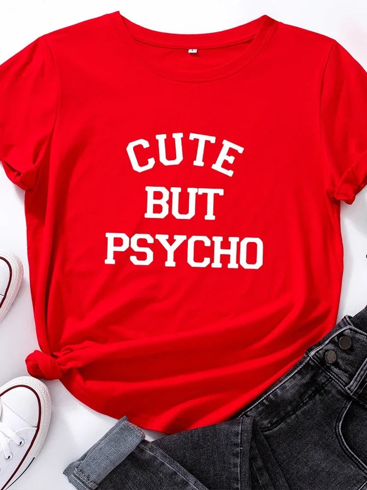 "Cute But Psycho" Letter Print Women's T-Shirt - Short Sleeve Loose Tee
