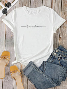 Freedom Letter Print T-Shirt - Casual Crew Neck for Spring & Summer Women's Wear